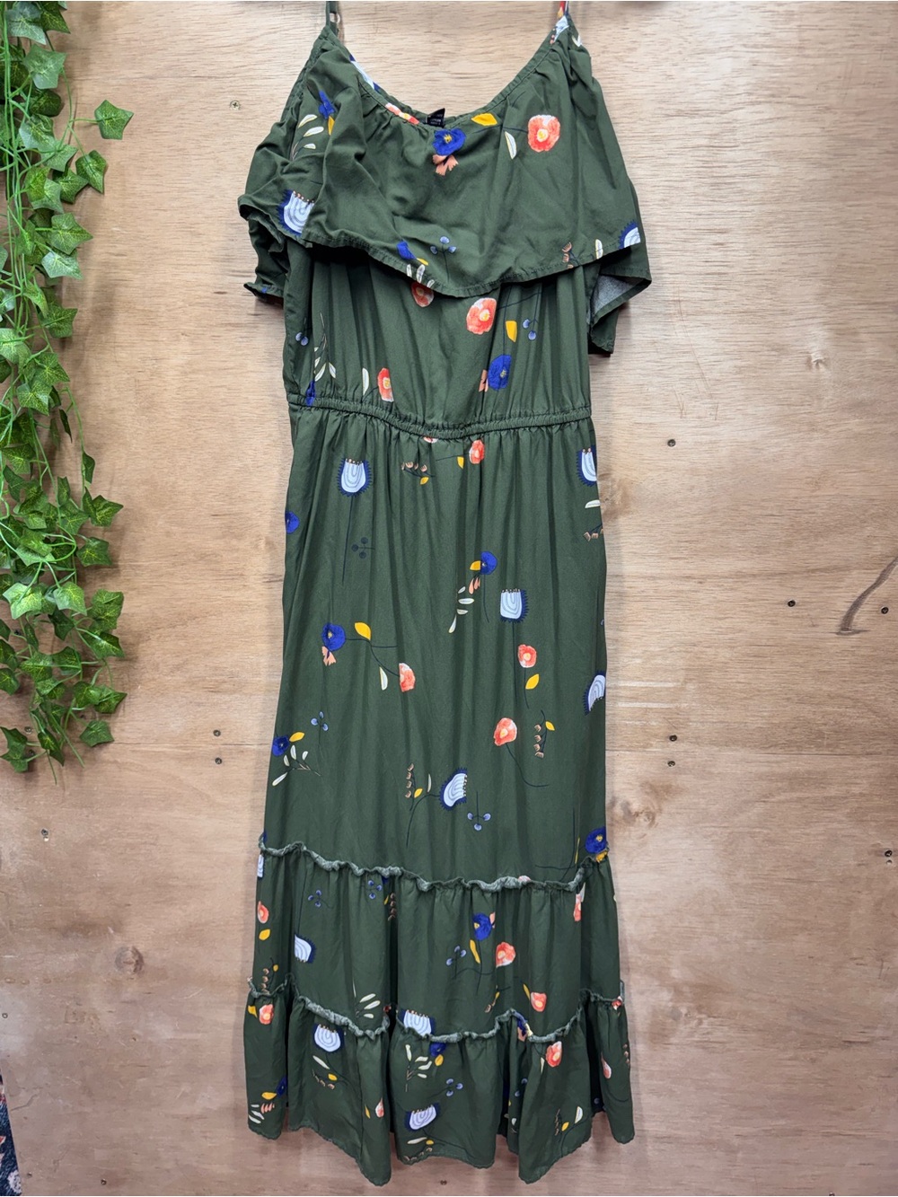 a.n.a Olive Green Floral Maxi Dress with Ruffle Neckline
